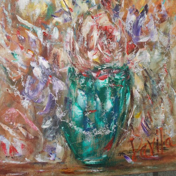 New, Original Collectable "Queen Ann Floral' Oil Painting By Davila, 16"x20" - Picture 2 of 3